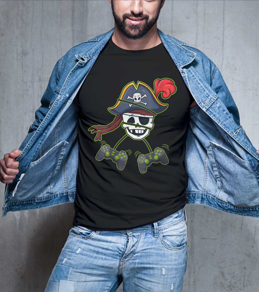 Halloween Pirate Skeleton Gamer With Controller Hat And Crossbones T-Shirt