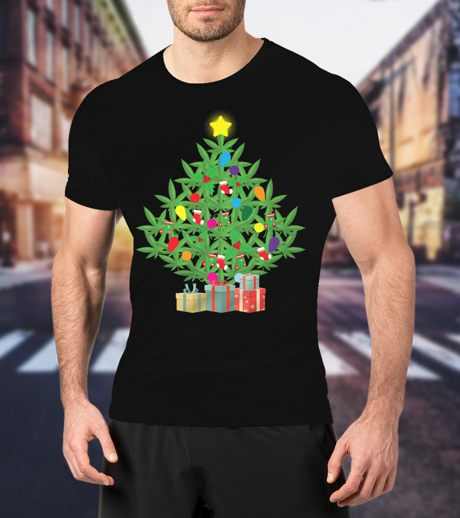 Cannabis Leaf Christmas Tree With Star And Colorful Holiday Lights T-Shirt