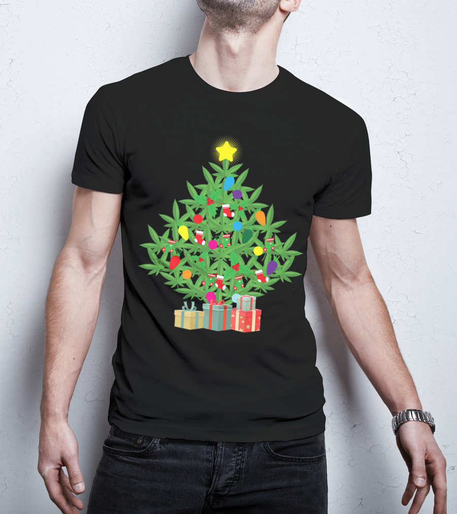 Cannabis Leaf Christmas Tree With Star And Colorful Holiday Lights T-Shirt
