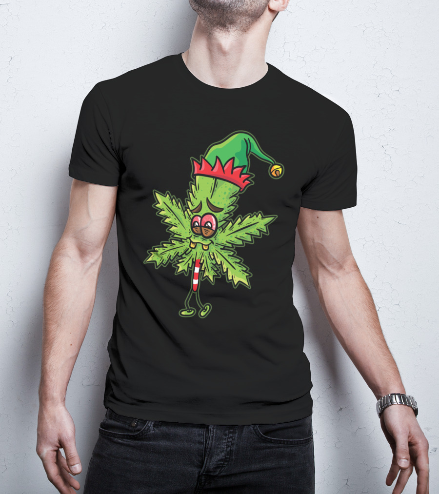 Stoned Elf Cannabis Leaf With Festive Hat Smoking Weed Elves T-Shirt