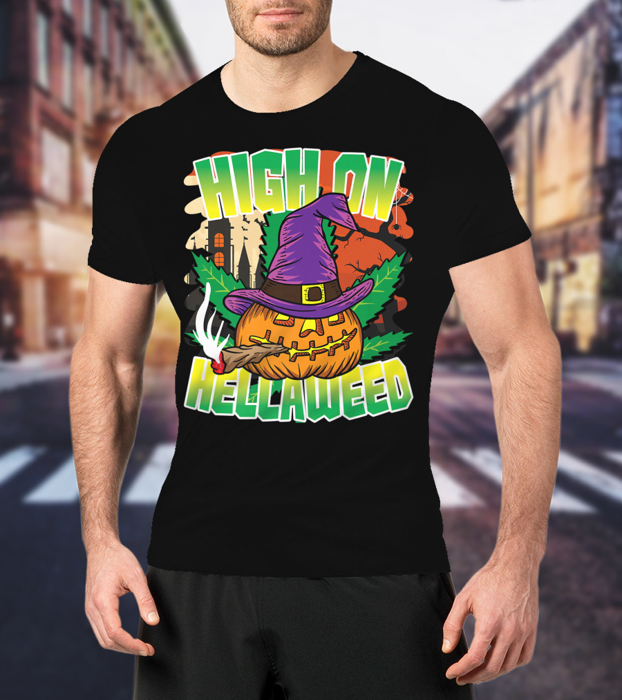 High On Hellaweed Pumpkin Smoking Weed THC Halloween Stoner T-Shirt