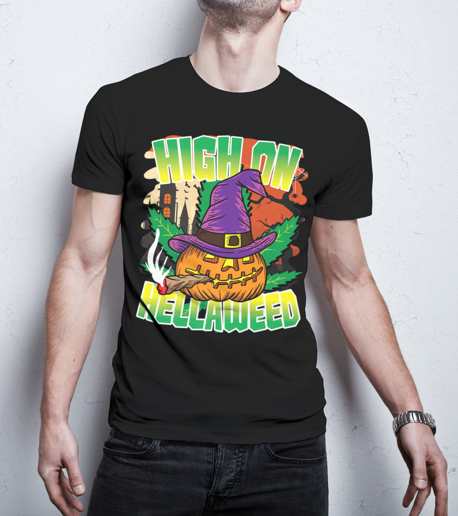 High On Hellaweed Pumpkin Smoking Weed THC Halloween Stoner T-Shirt