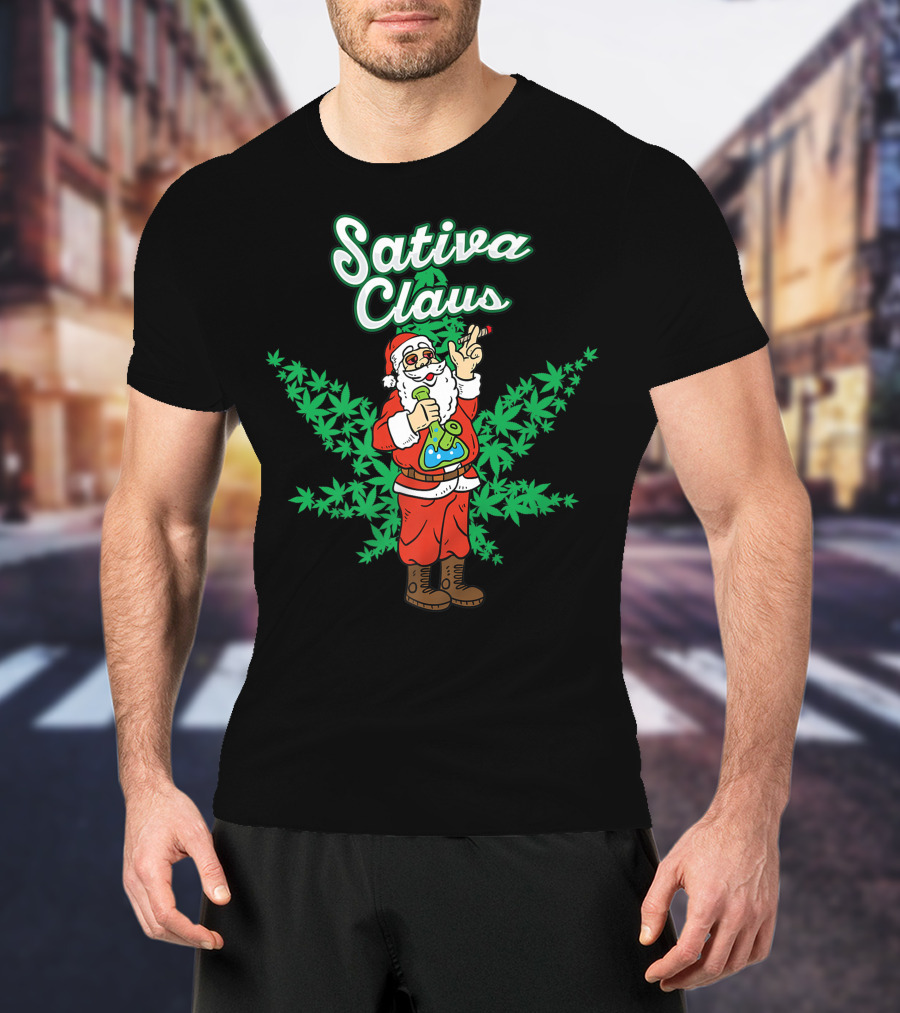 Sativa Claus Cannabis Marijuana Smoking Santa With Weed Leaves T-Shirt