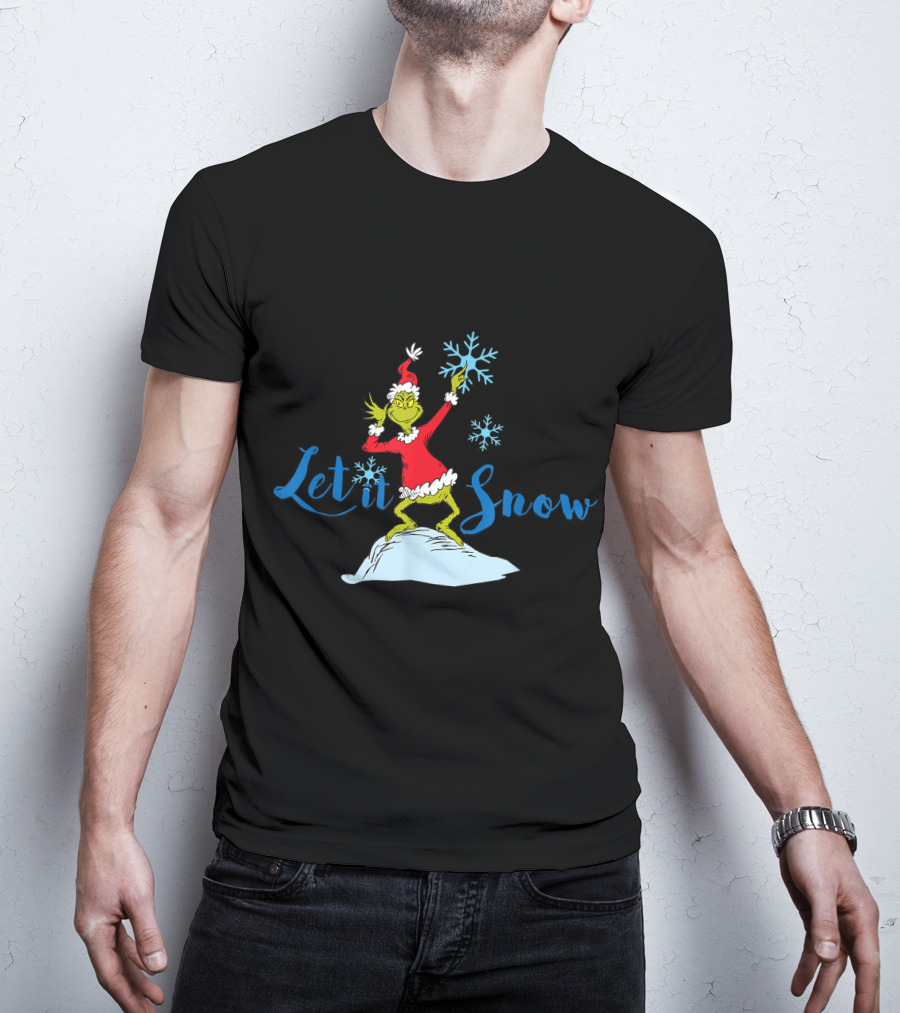 Grinch In Santa Outfit Holding Snowflakes Let It Snow T-Shirt