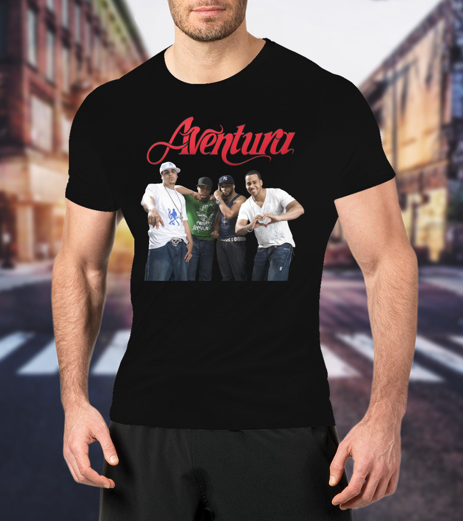 Aventura Band Red Script Logo Casual Group Photo T-Shirt