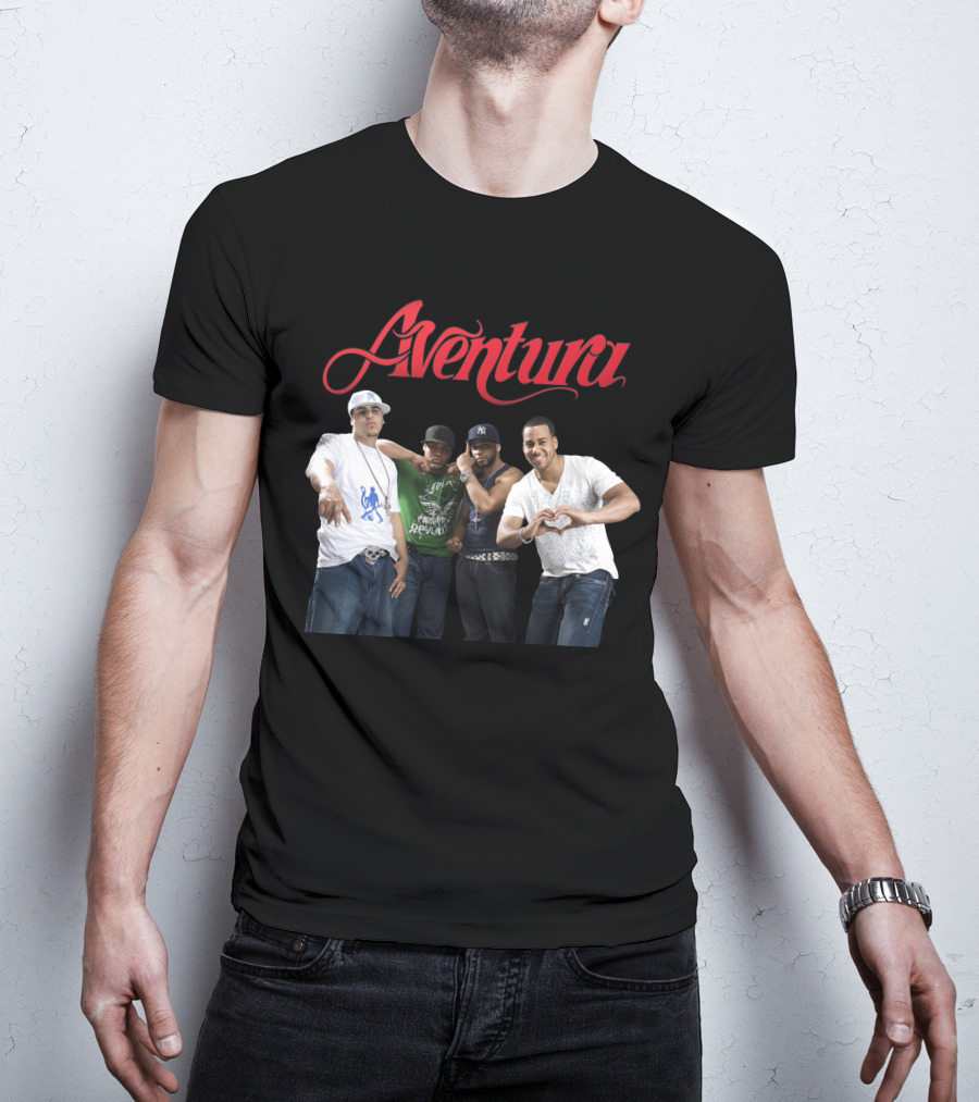 Aventura Band Red Script Logo Casual Group Photo T-Shirt