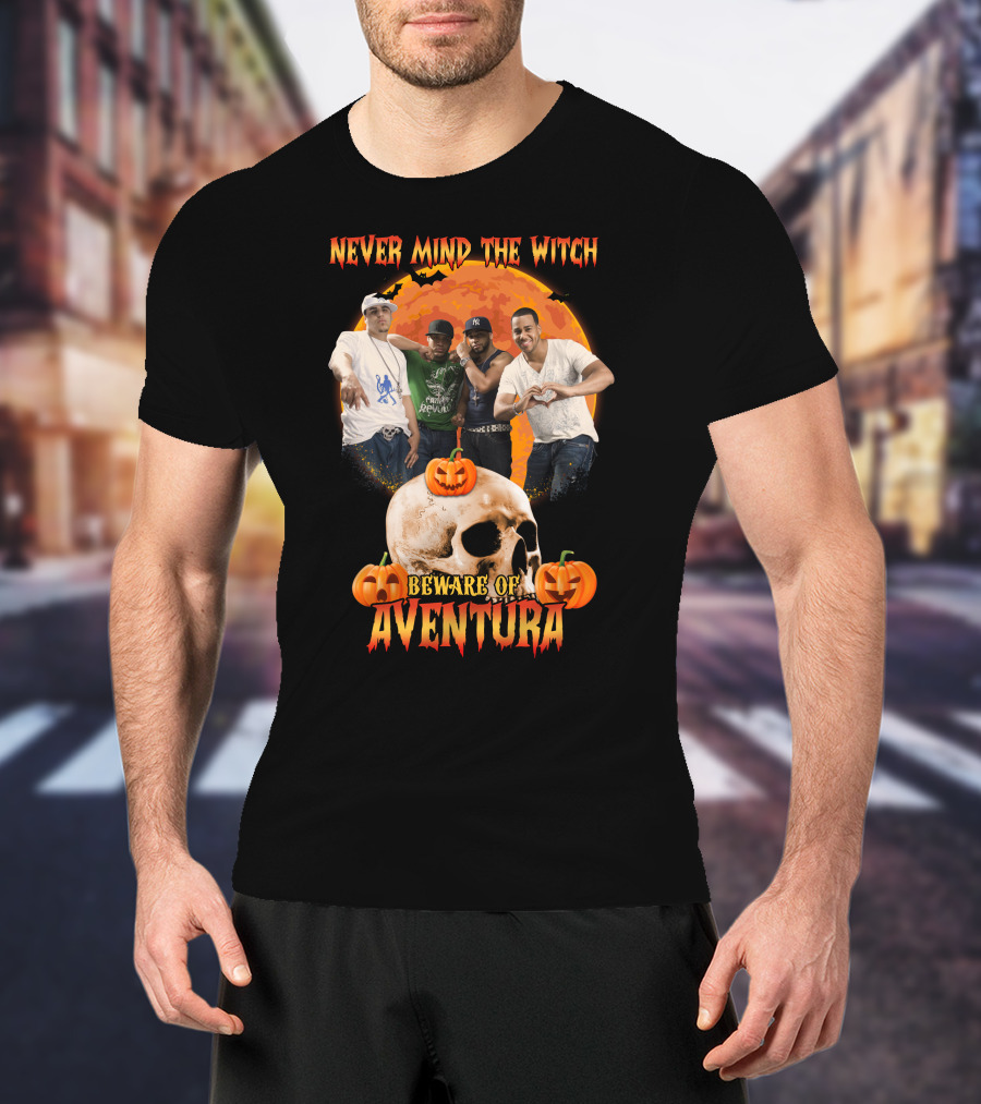 Never Mind The Witch Beware Of Aventura Halloween Pumpkin Skull Scene T-Shirt