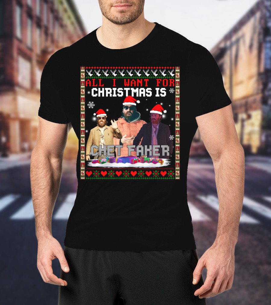 All I Want For Christmas Is Chet Faker Red Santa Hats Snowflakes Presents T-Shirt