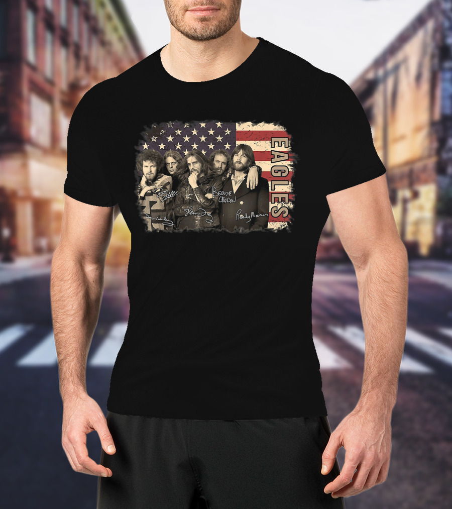 Eagles American Flag Signed Band Members T-Shirt