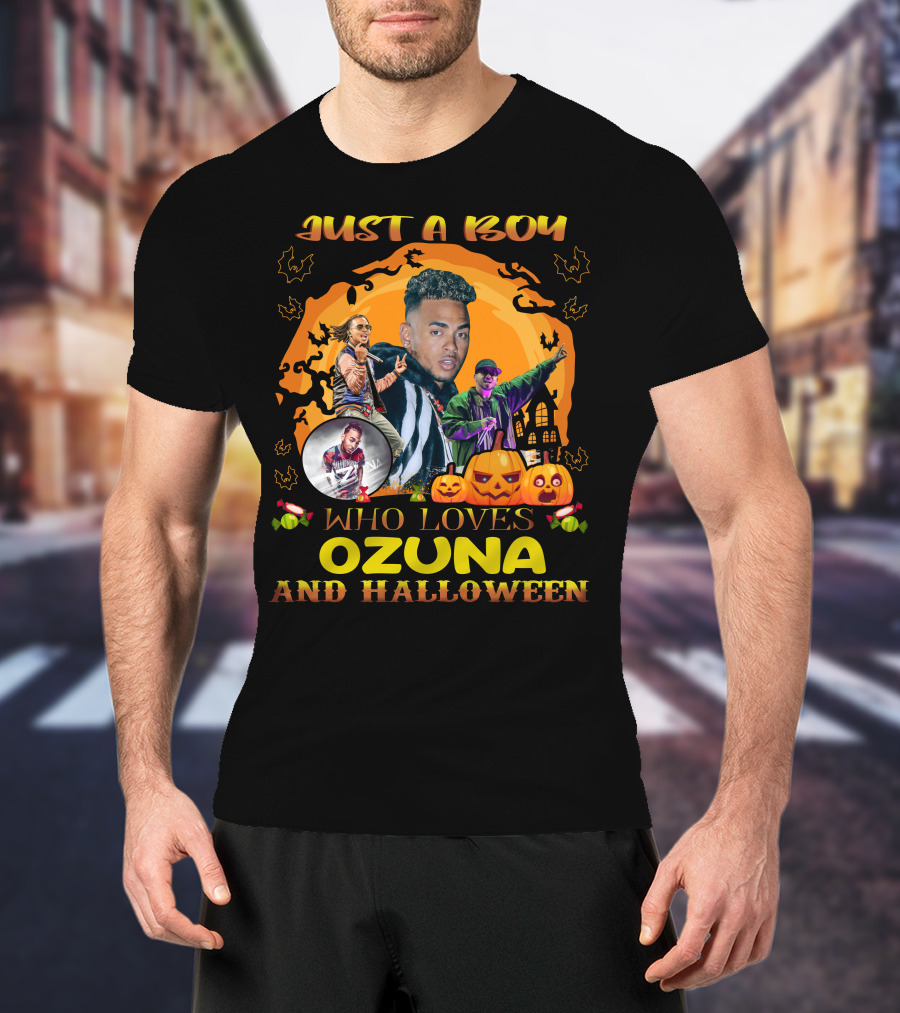Just A Boy Who Loves Ozuna And Halloween Pumpkins Bats And Haunted House T-Shirt