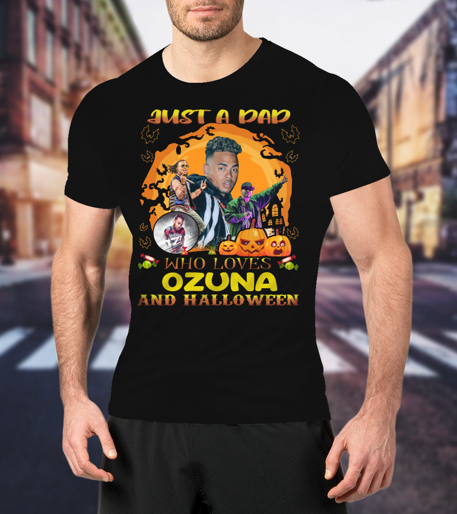 Just A Dad Who Loves Ozuna And Halloween Pumpkins And Bats T-Shirt