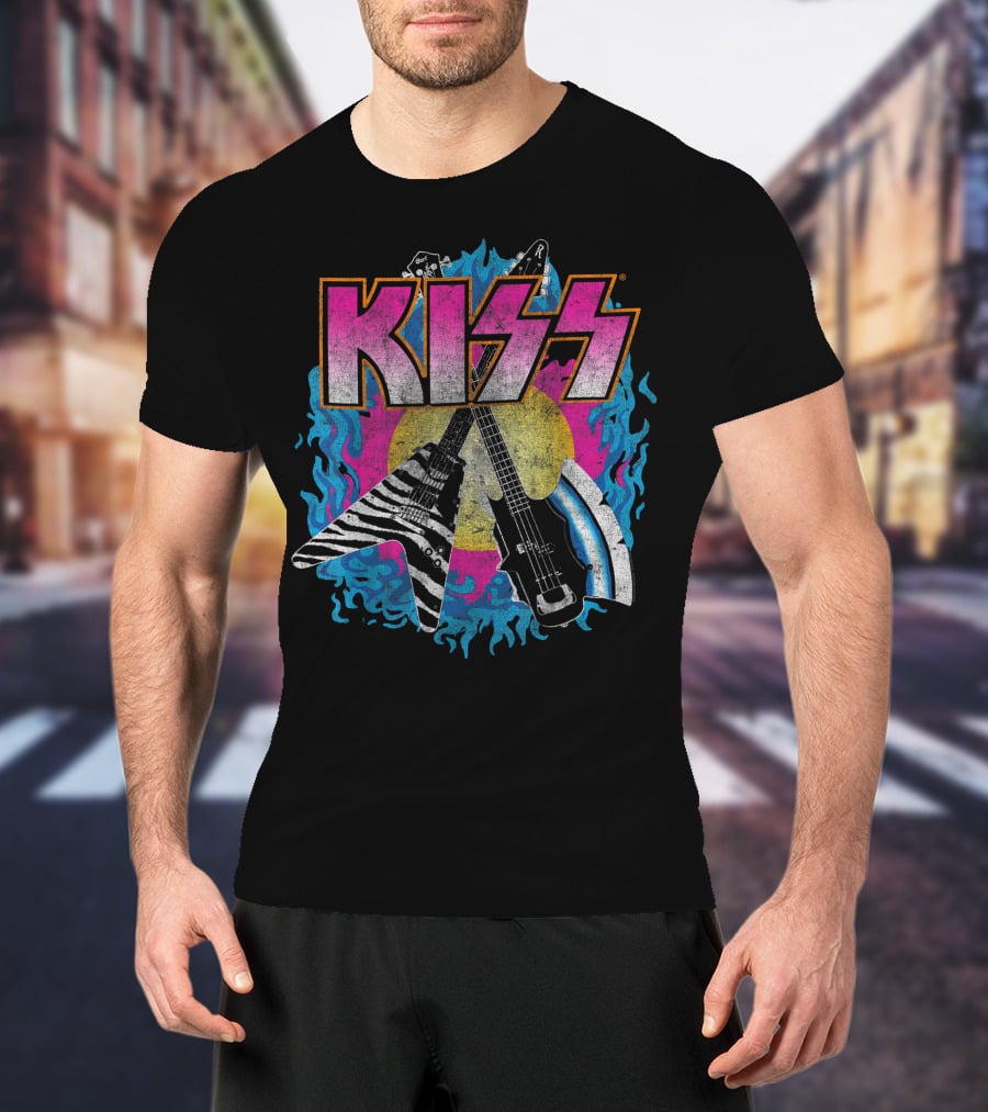 KISS Young Wasted Zebra Stripe Flying V And Bass With Flaming Background T-Shirt