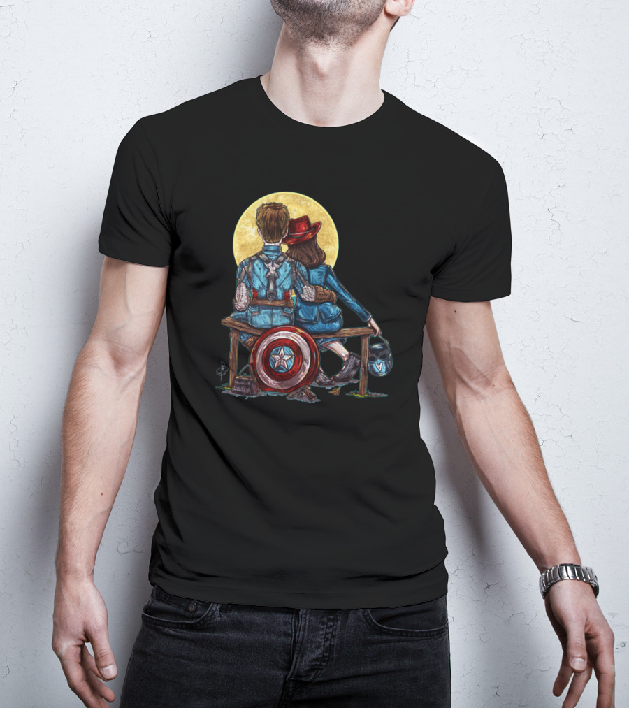 Marvel Captain America Moonlight Bench Scene With Shield And Helmet T-Shirt