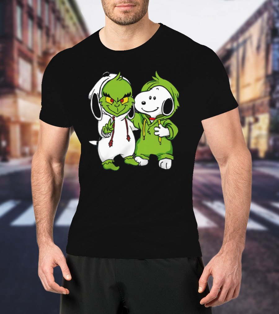 Grinch And Snoopy Christmas Crossover Characters In Festive Hoodies T-Shirt