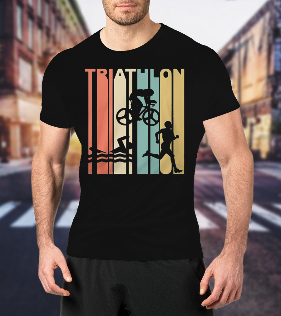 Vintage Triathlon Swimming Cycling Running Silhouettes Retro Stripes T-Shirt