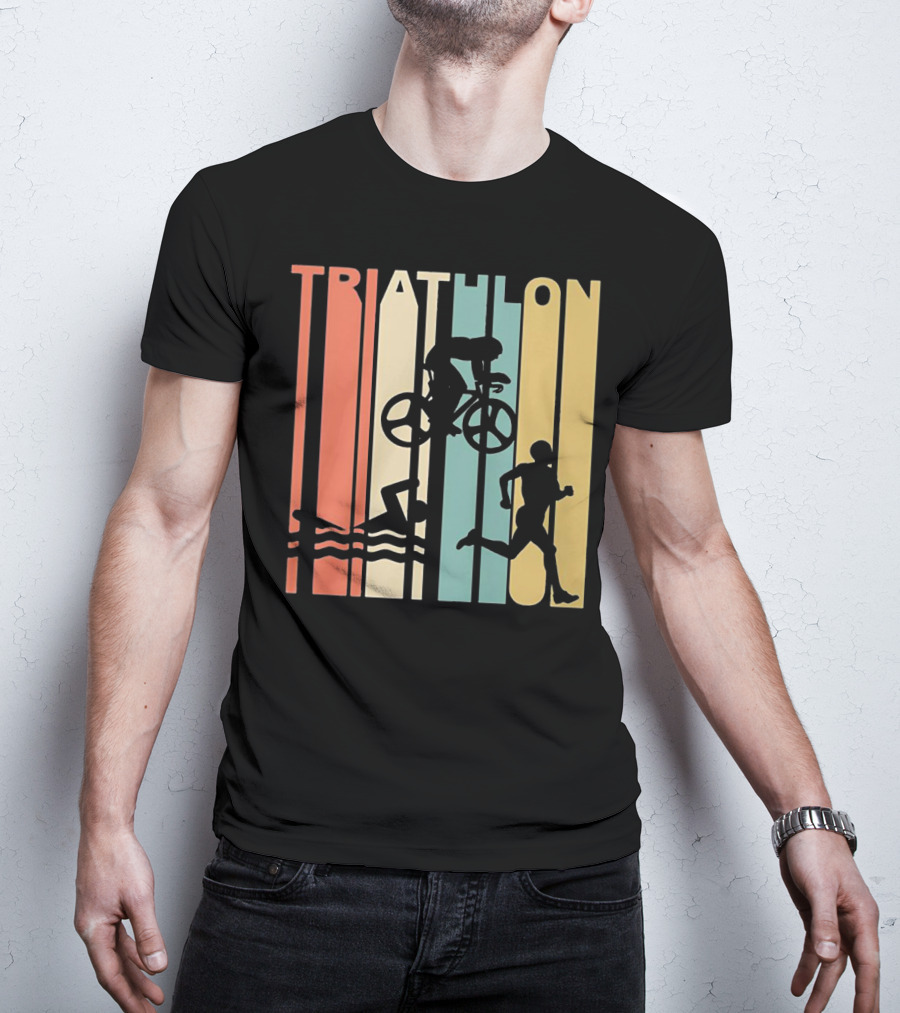 Vintage Triathlon Swimming Cycling Running Silhouettes Retro Stripes T-Shirt