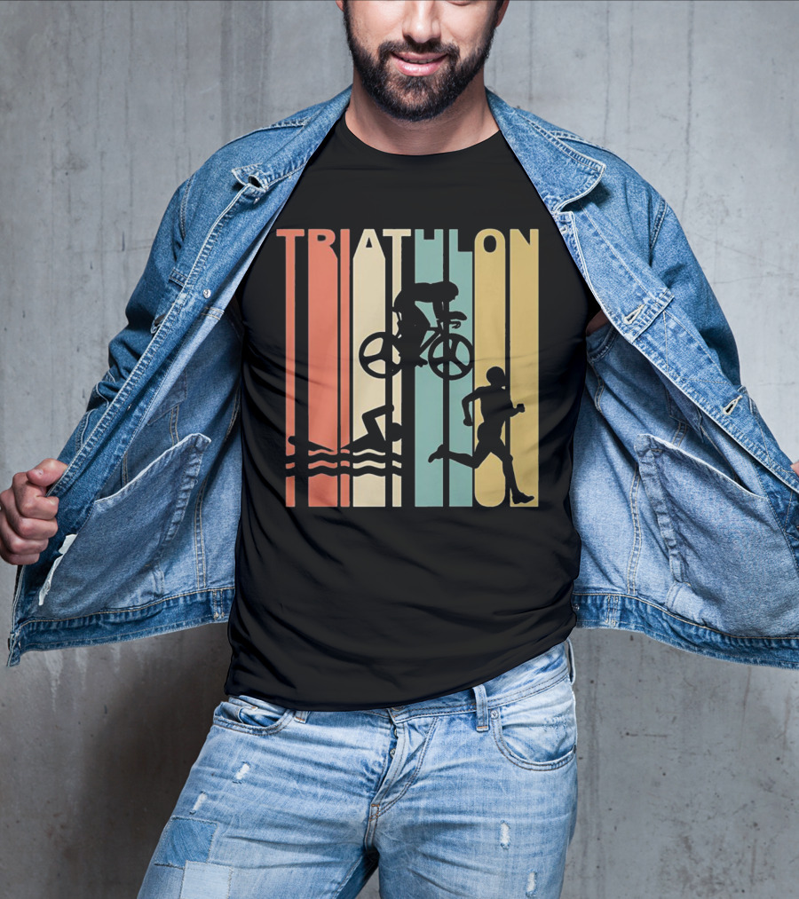 Vintage Triathlon Swimming Cycling Running Silhouettes Retro Stripes T-Shirt