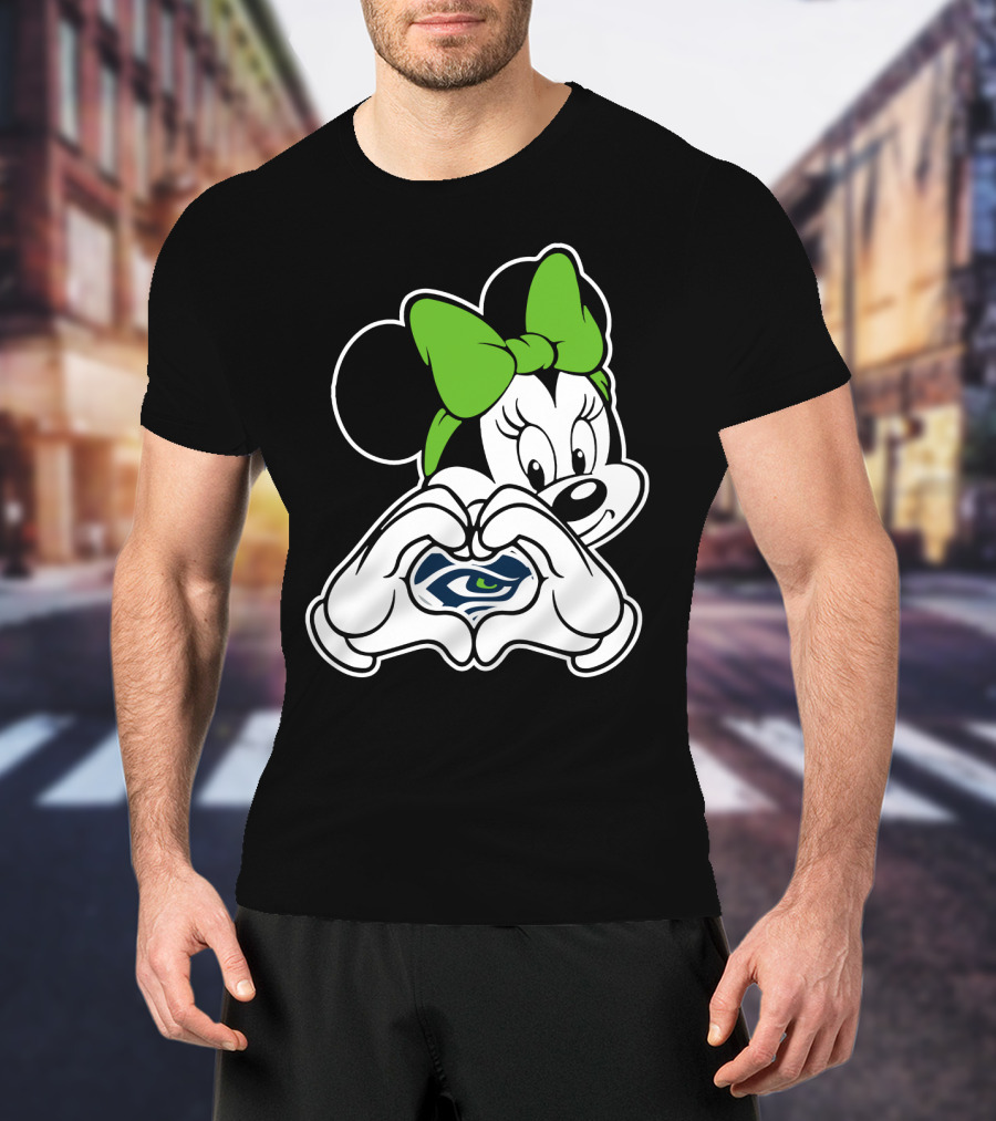 Seattle Seahawks Minnie Mouse Heart Hands Green Bow T-Shirt