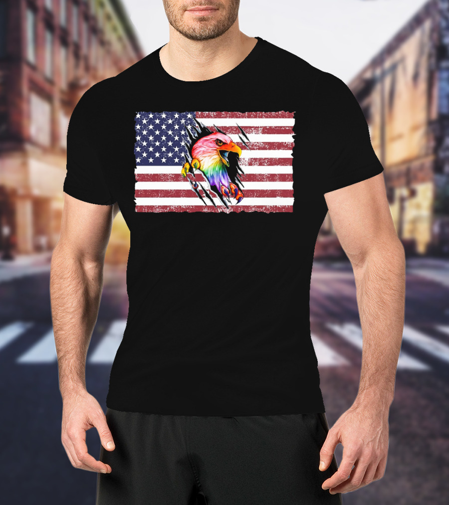 Eagle Rainbow Pride American Flag Burst T-Shirt