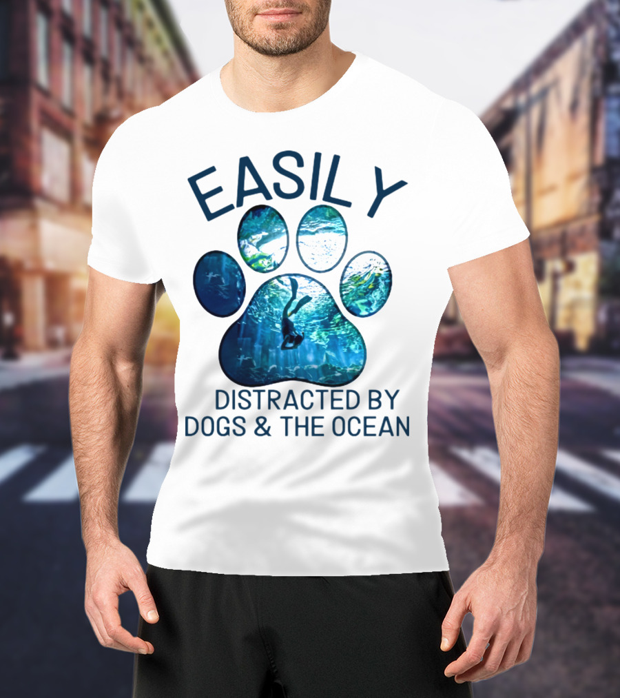 Easily Distracted By Dogs And The Ocean With Aquarium Pawprint T-Shirt