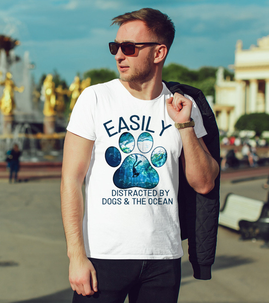 Easily Distracted By Dogs And The Ocean With Aquarium Pawprint T-Shirt