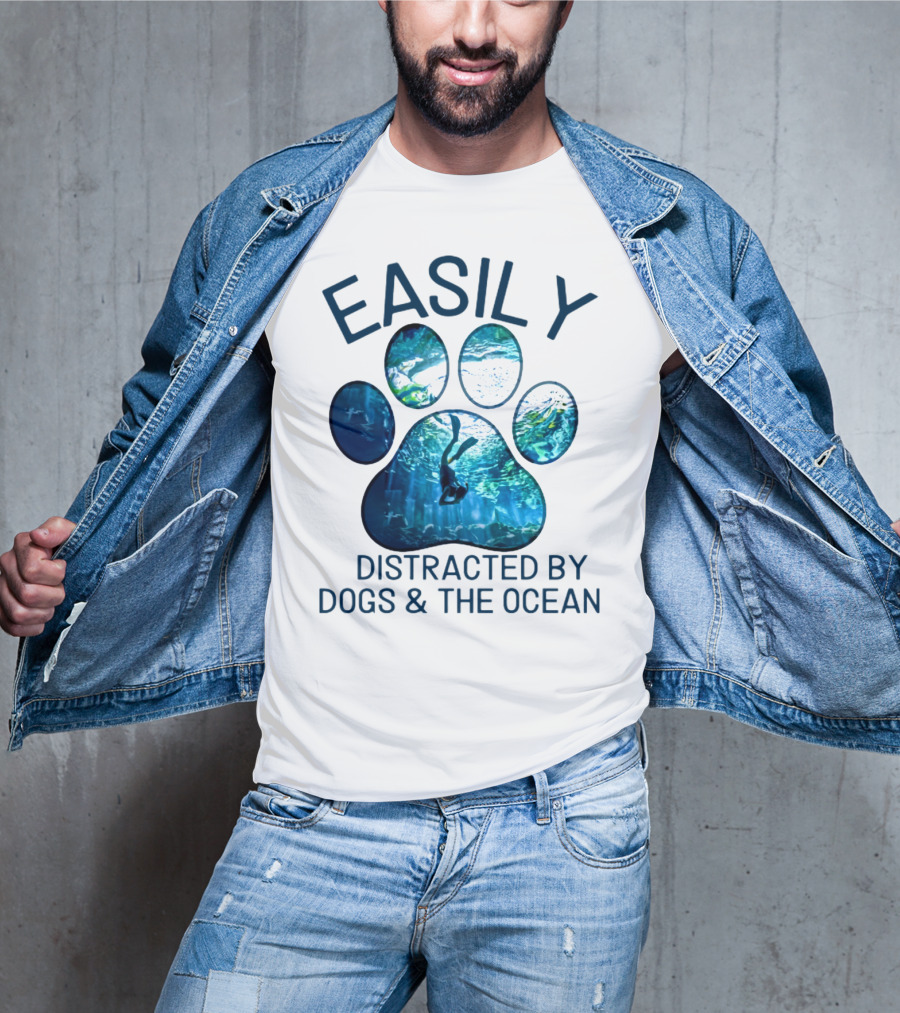 Easily Distracted By Dogs And The Ocean With Aquarium Pawprint T-Shirt