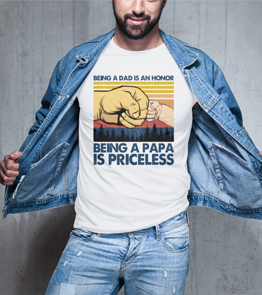 Being A Dad Is An Honor Being A Papa Is Priceless Fist Bump Sunset Forest Motif T-Shirt