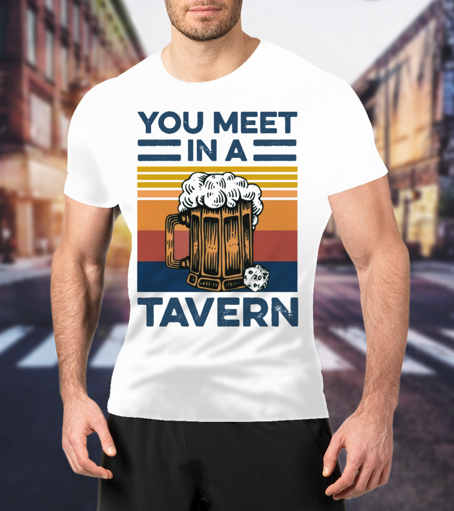 YOU MEET IN A TAVERN Beer Mug With D20 Dice And Vintage Stripes T-Shirt