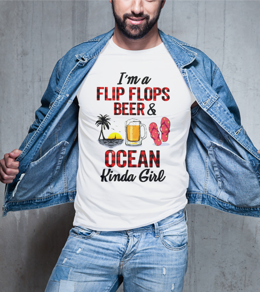 I'm A Flip Flops Beer Ocean Kinda Girl Palm Tree Sunset Red T-Shirt