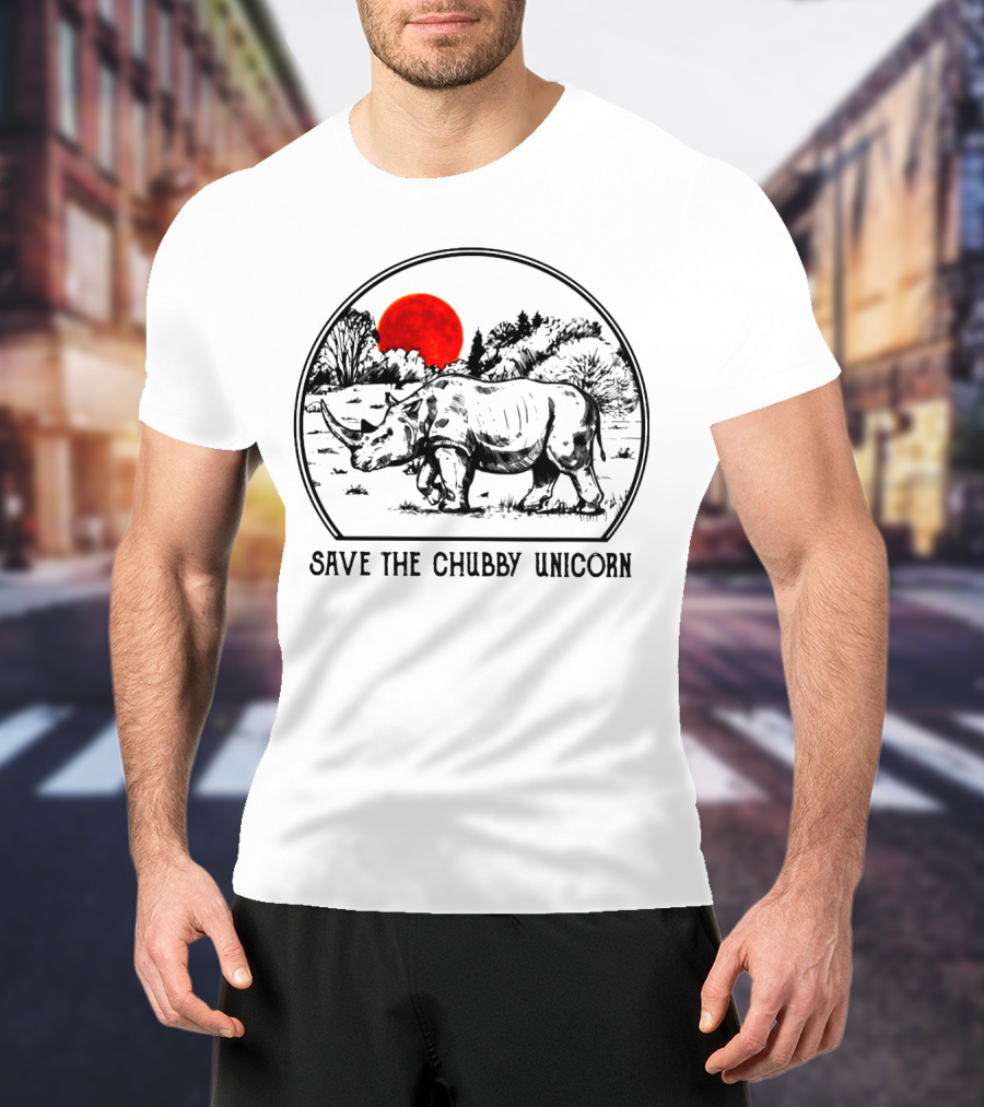 Save The Chubby Unicorn Rhino Illustration With Red Sun And Landscape T-Shirt