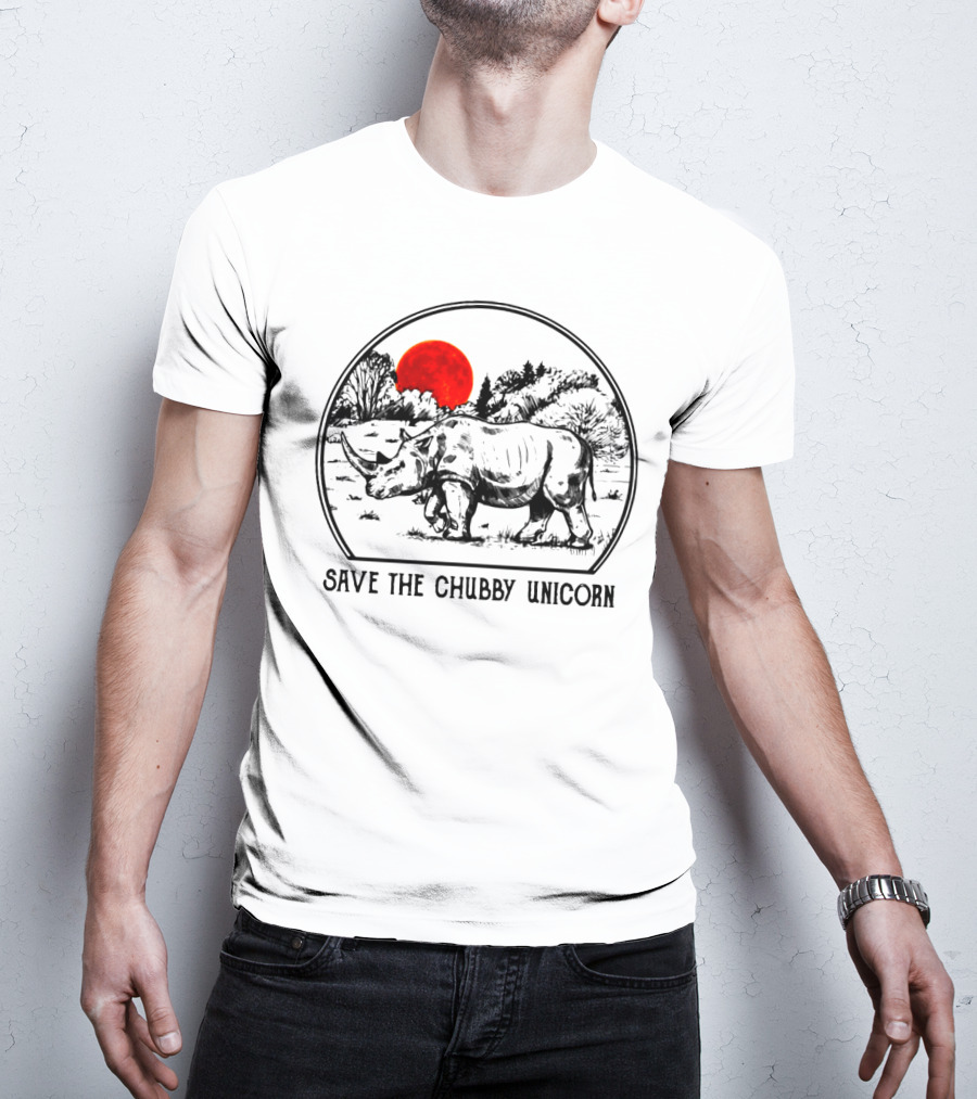 Save The Chubby Unicorn Rhino Illustration With Red Sun And Landscape T-Shirt
