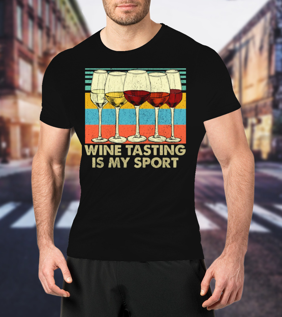 Wine Tasting Is My Sport Retro Wine Glasses On Colorful Stripes T-Shirt