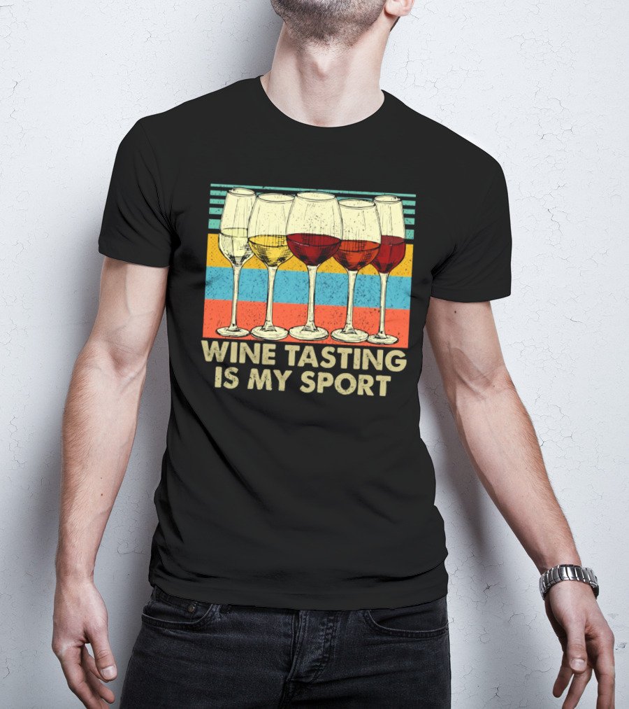 Wine Tasting Is My Sport Retro Wine Glasses On Colorful Stripes T-Shirt