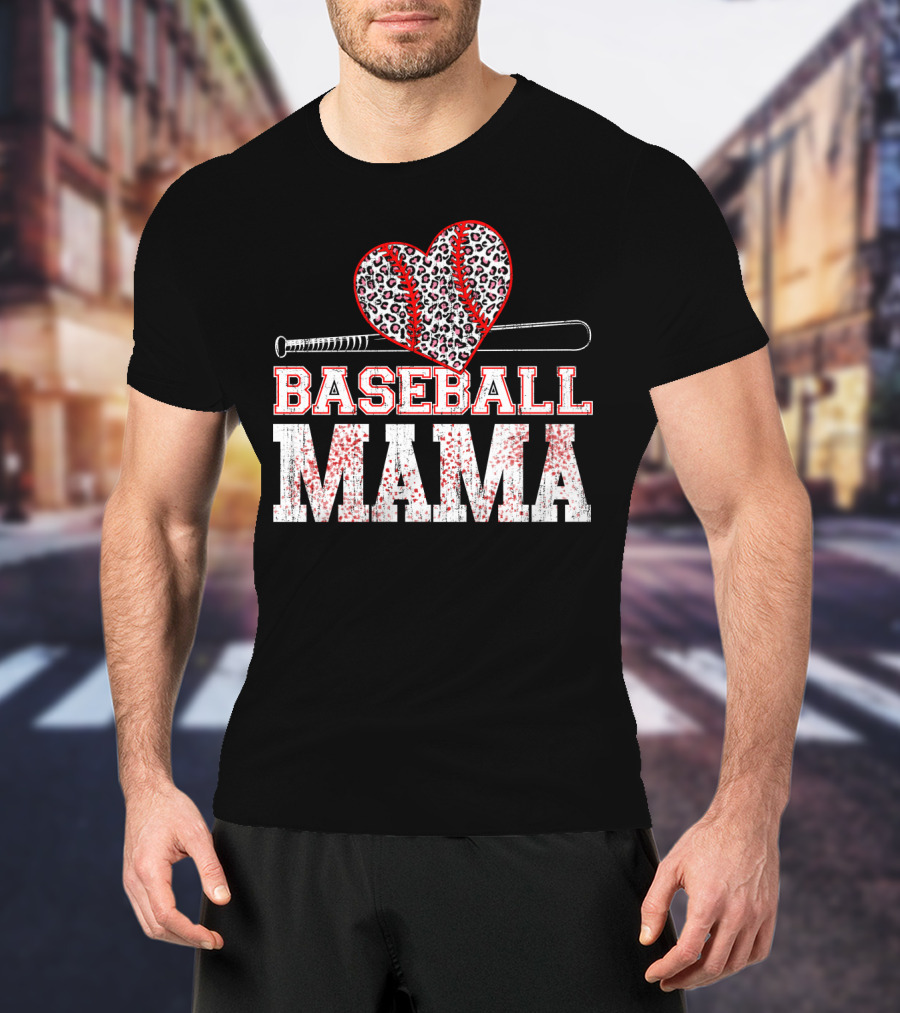 Baseball Mama Leopard Heart Bat T-Shirt