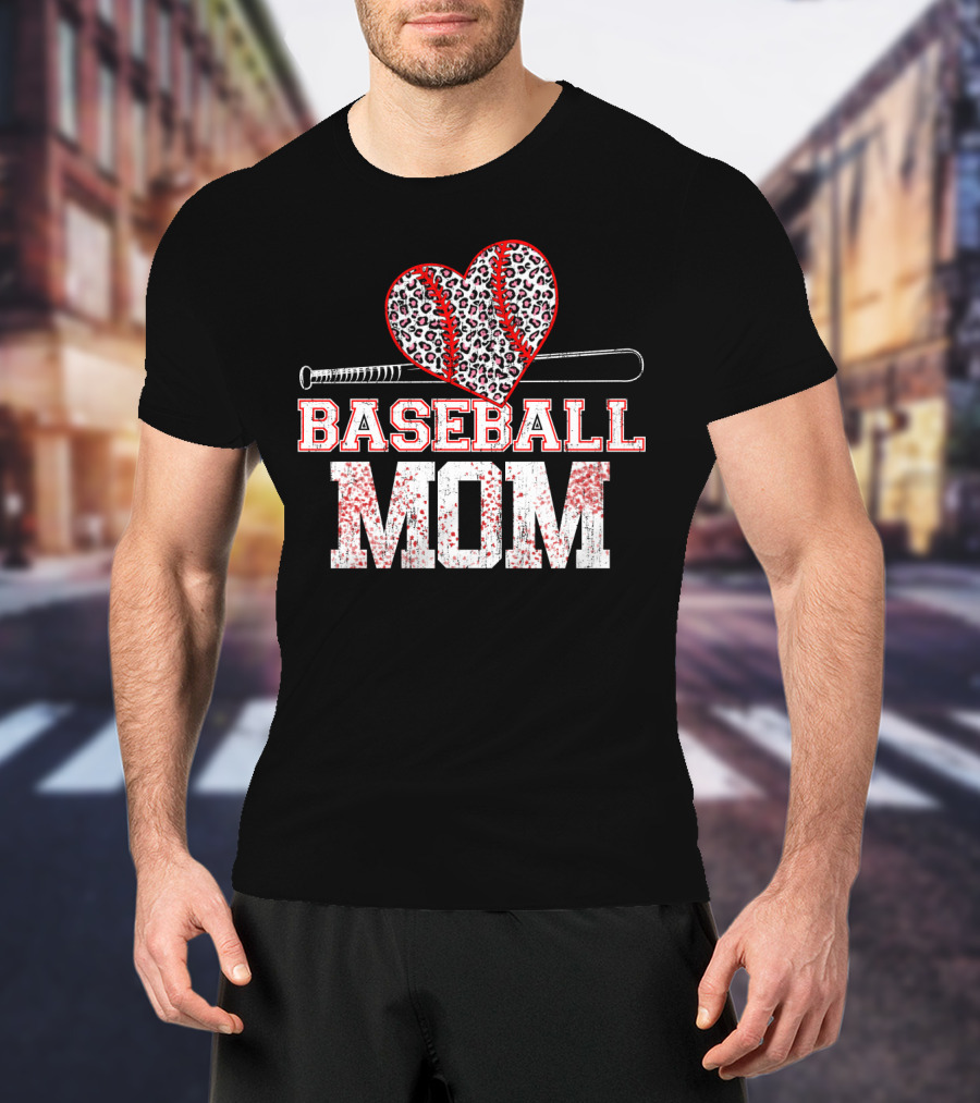 Baseball Mom Heart Leopard Print T-Shirt