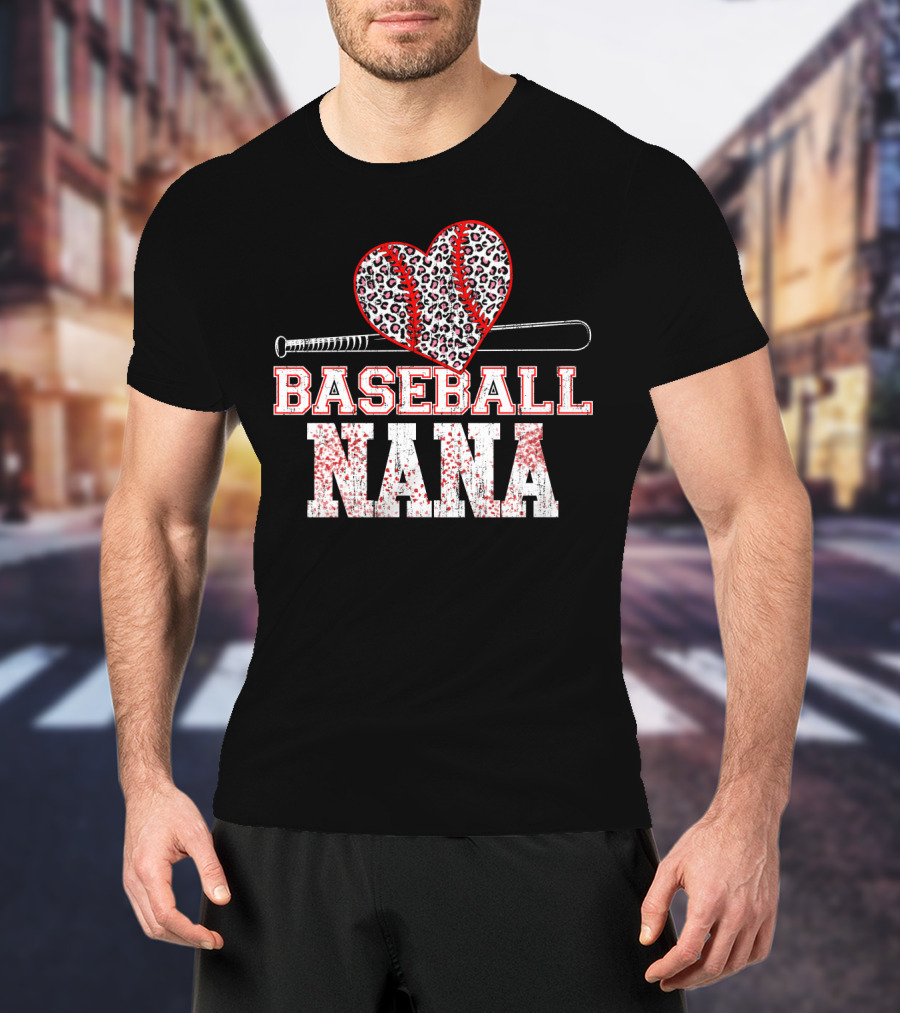 Baseball Nana Leopard Heart Bat T-Shirt