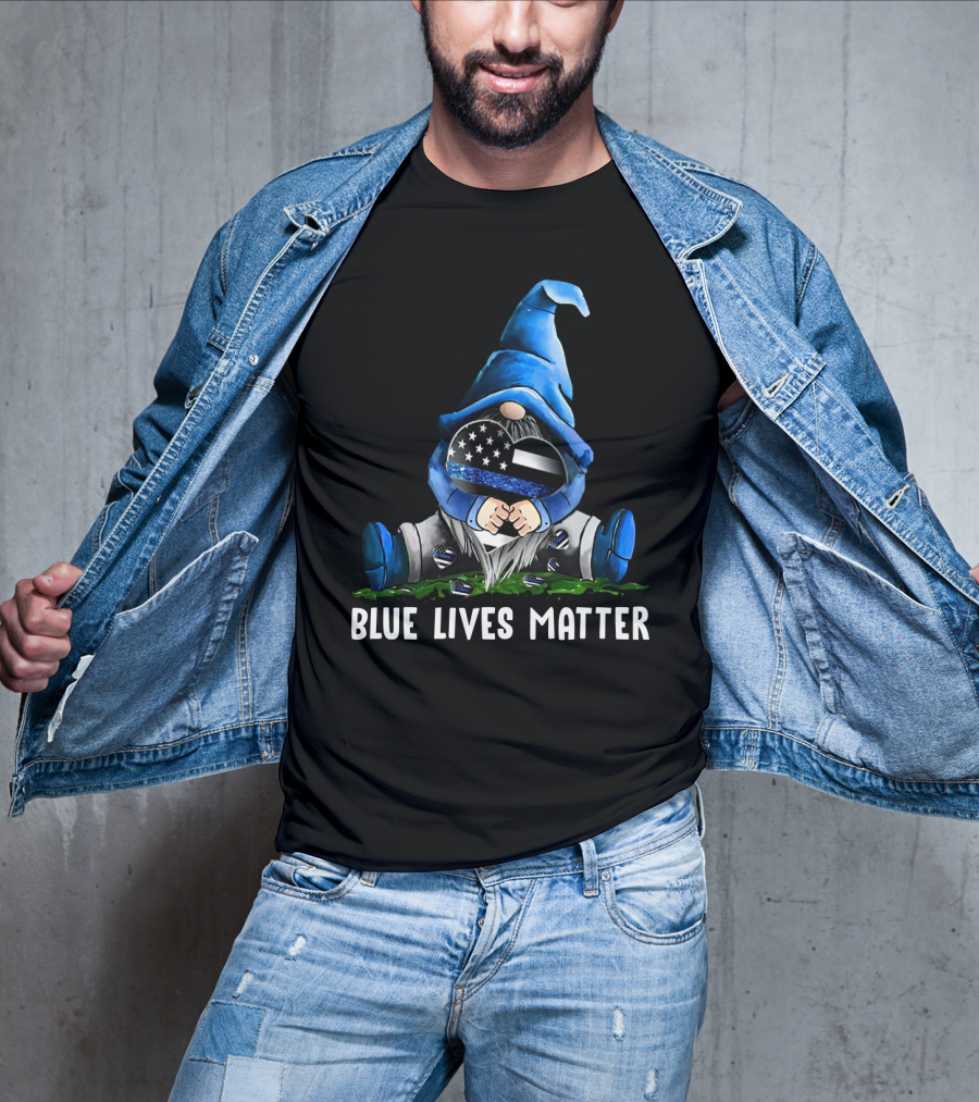 Blue Lives Matter Gnome Holding Thin Blue Line Flag T-Shirt