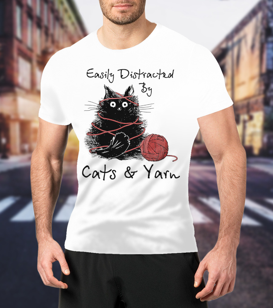 Easily Distracted By Cats And Yarn With Playful Cat Wrapped In Red Yarn T-Shirt