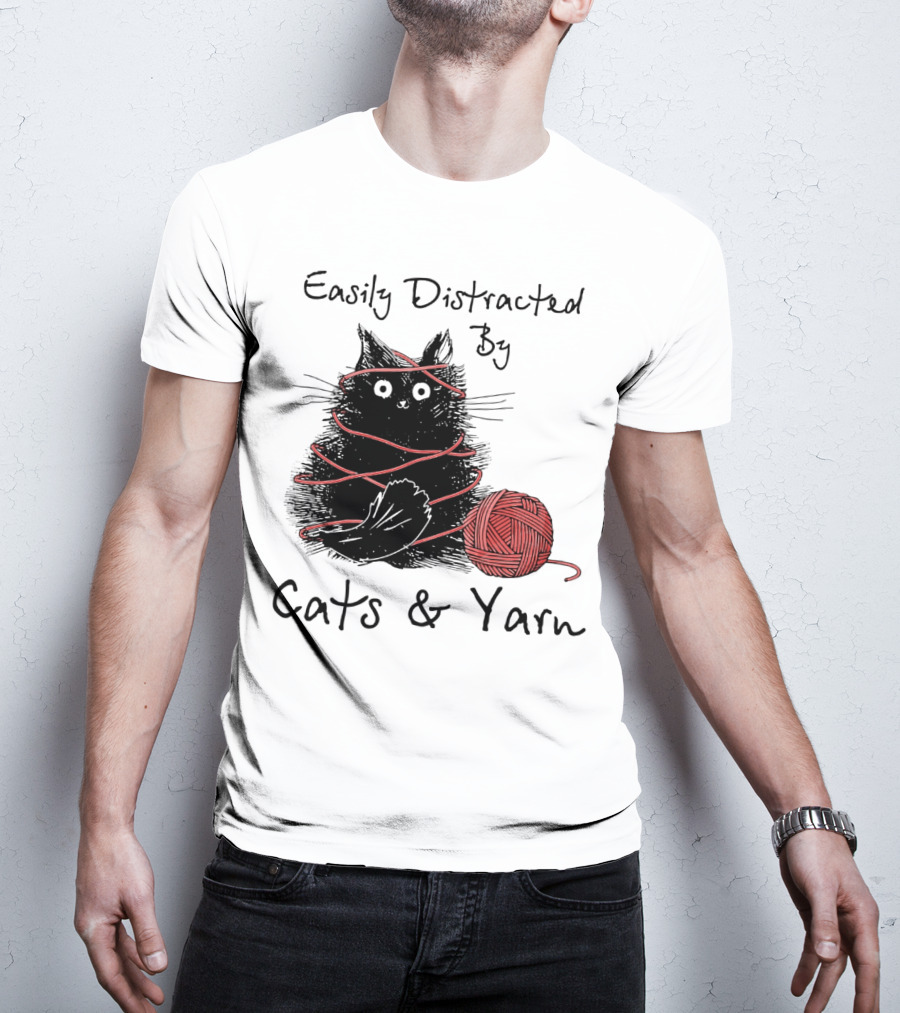 Easily Distracted By Cats And Yarn With Playful Cat Wrapped In Red Yarn T-Shirt