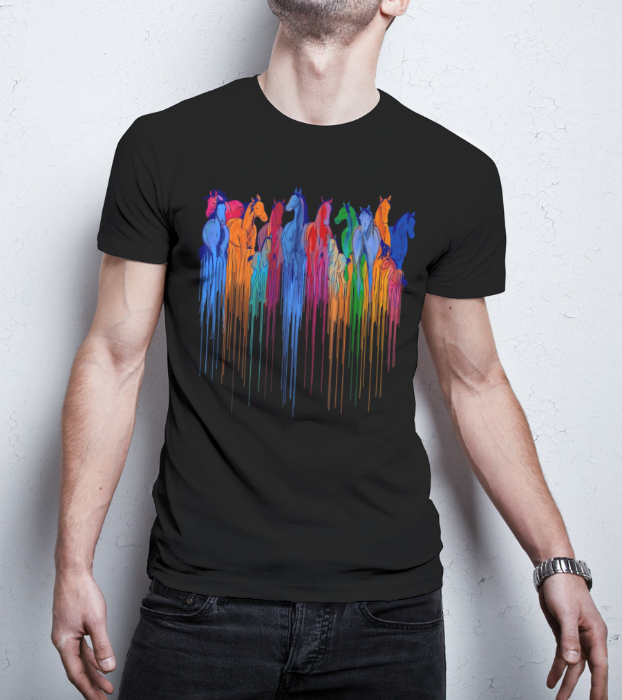 Horse Watercolor Rainbow Drip Multi-Color Herd T-Shirt