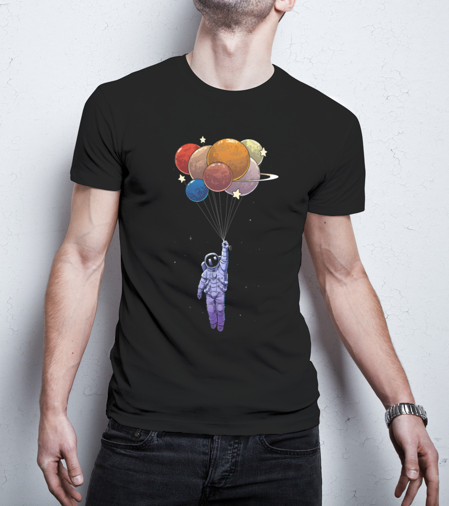 Amstrong Astronaut With Planet Balloons Floating In Space T-Shirt