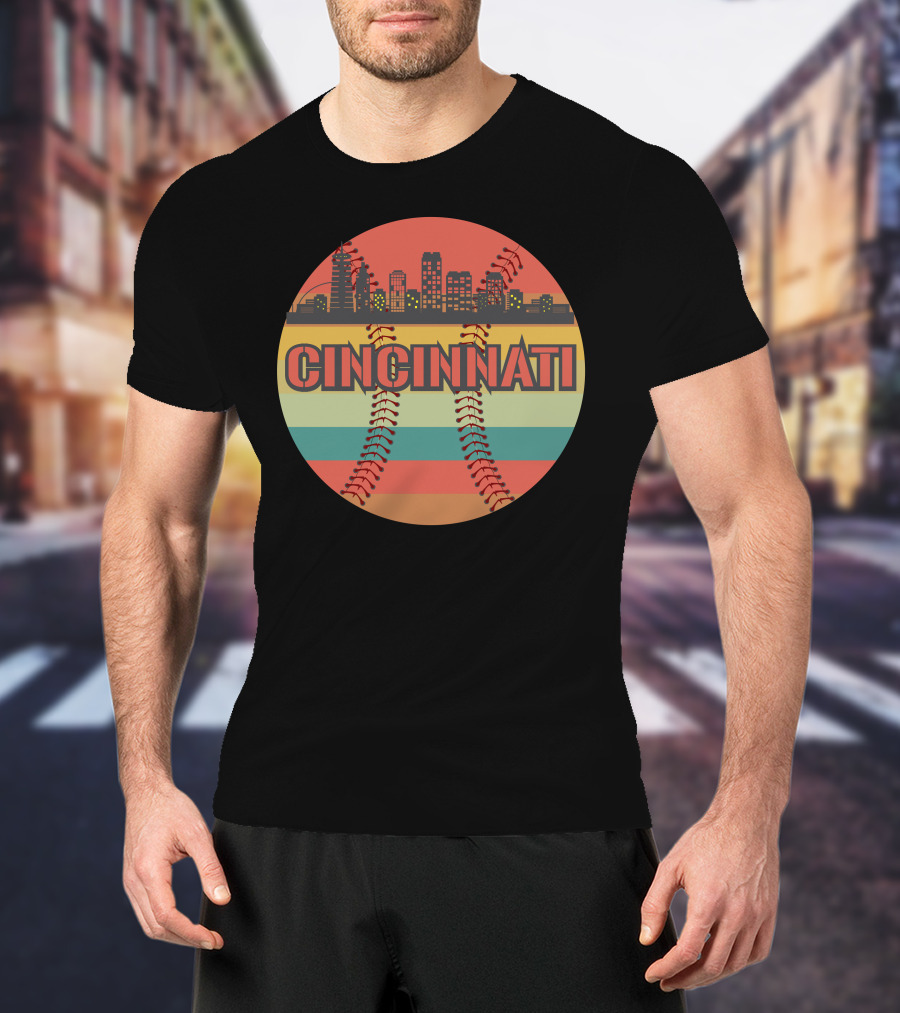 Cincinnati Skyline Vintage Baseball Cityscape Retro Stripes T-Shirt