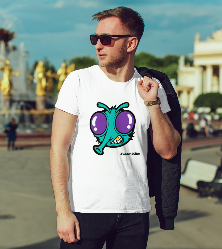 Funny Mike Alien Cartoon Face With Large Purple Eyes And Grinning Expression T-Shirt