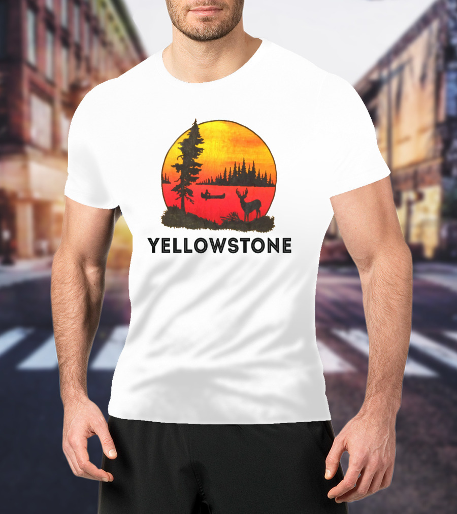 Yellowstone Sunset Scene With Canoe And Deer T-Shirt
