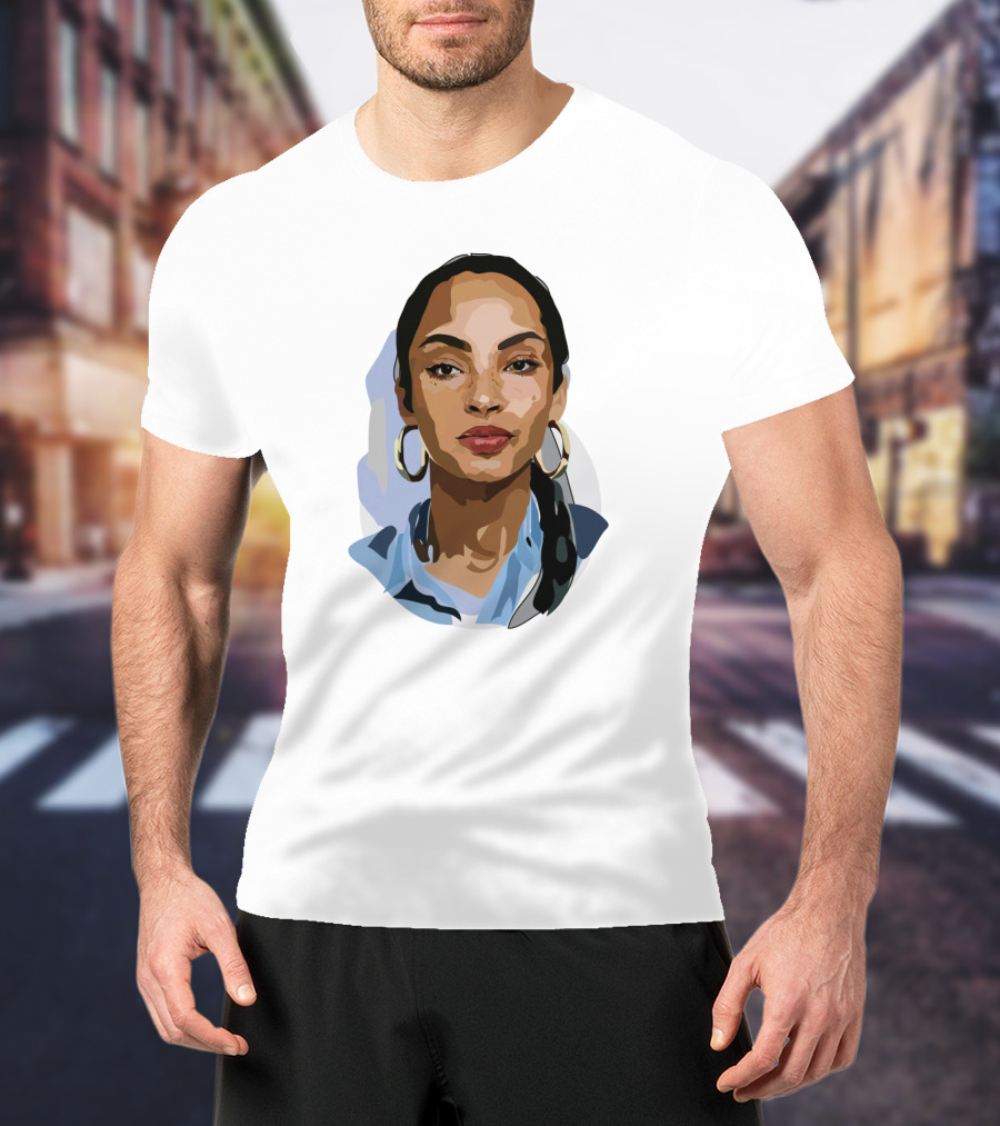 Sade Adu Portrait With Blue Shirt And Hoop Earrings T-Shirt