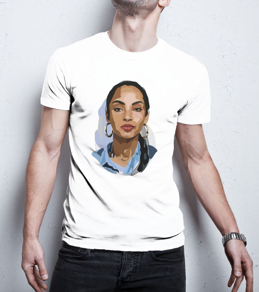 Sade Adu Portrait With Blue Shirt And Hoop Earrings T-Shirt