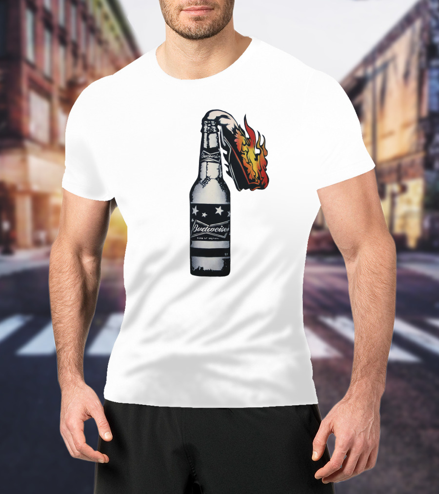Budweiser Bottle With Stars And Flame Burst T-Shirt