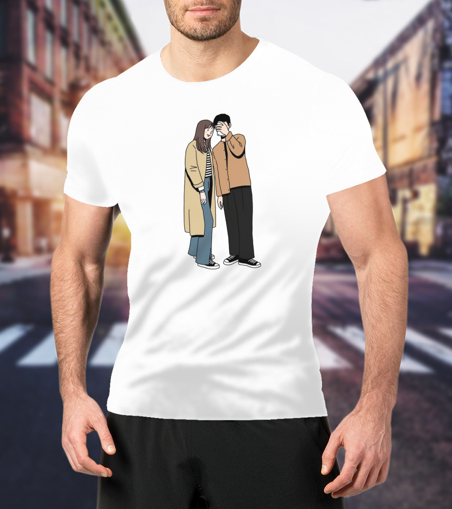 Couple In Casual Streetwear With Oversized Coat And Sneakers T-Shirt