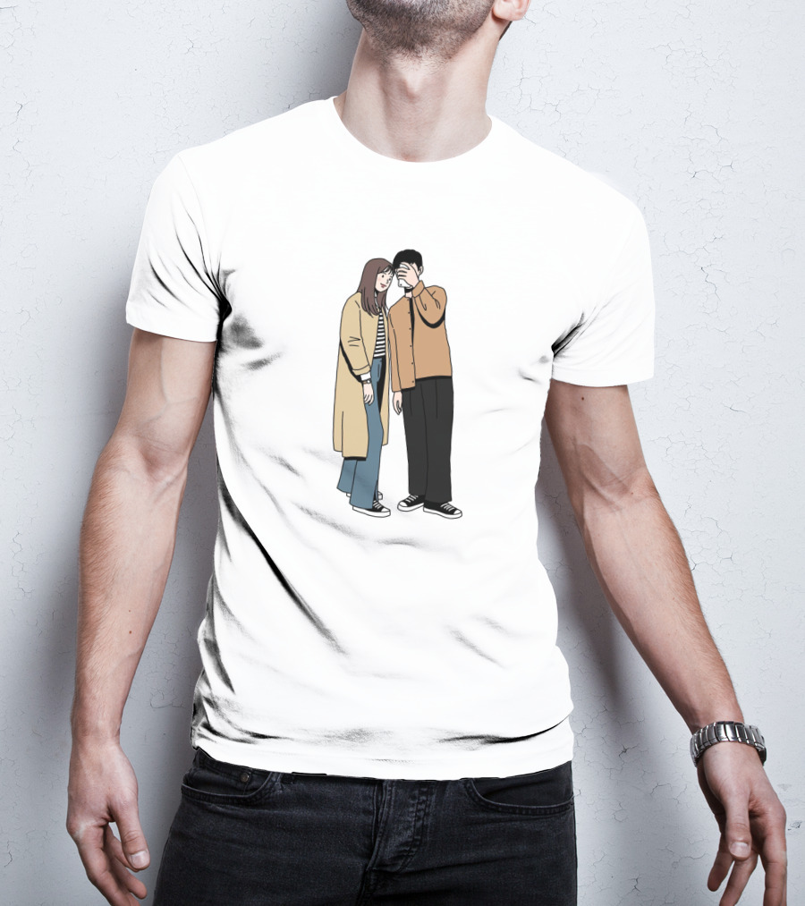 Couple In Casual Streetwear With Oversized Coat And Sneakers T-Shirt