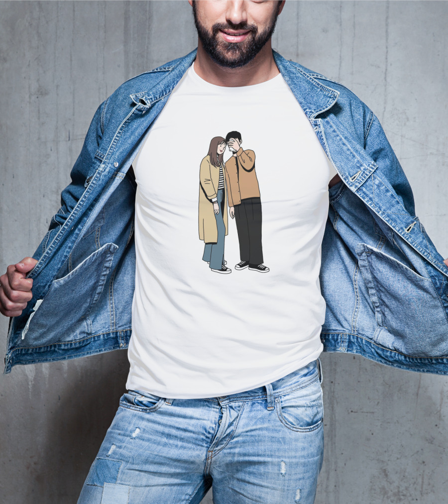 Couple In Casual Streetwear With Oversized Coat And Sneakers T-Shirt